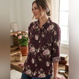 Burgundy & Pink Floral Button-Down Shirt Roll-Tab Sleeves